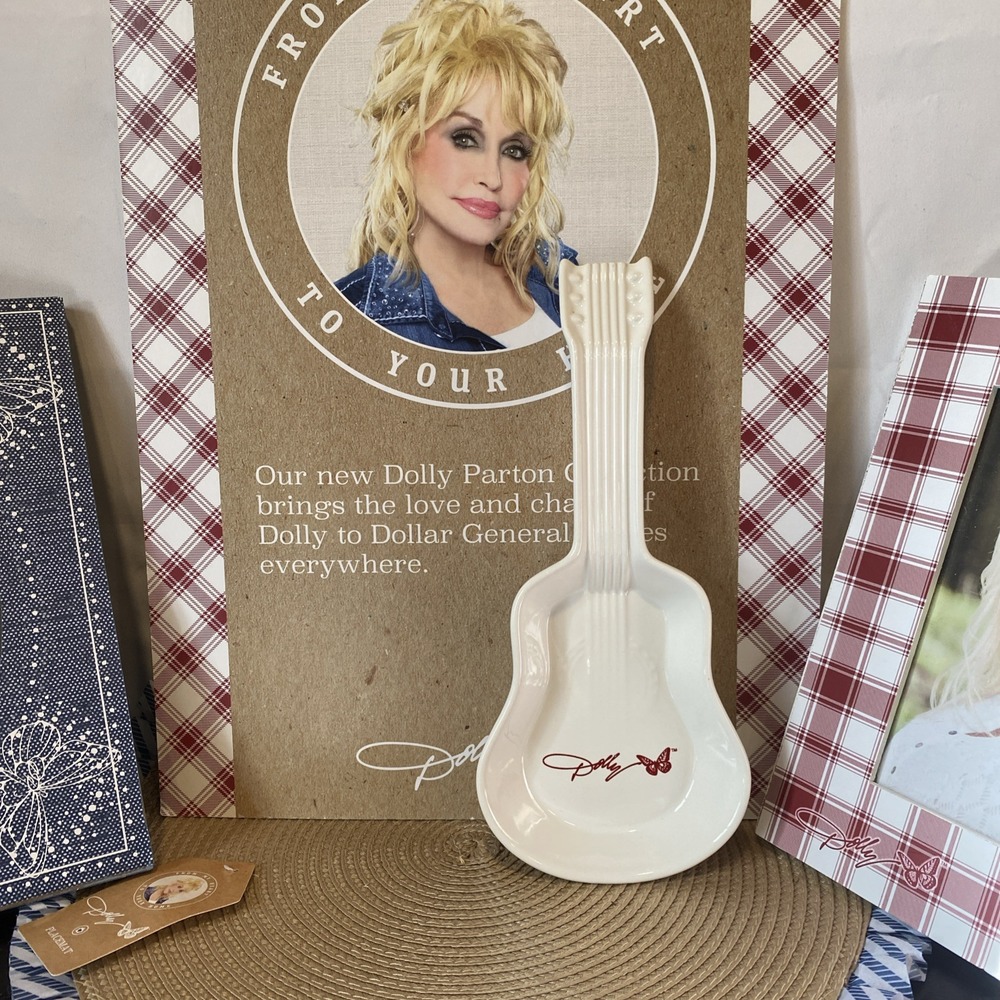 Dolly Parton Guitar Spoon Rest Butterfly Kitchen Trinket Dish & Apple Pot Holder